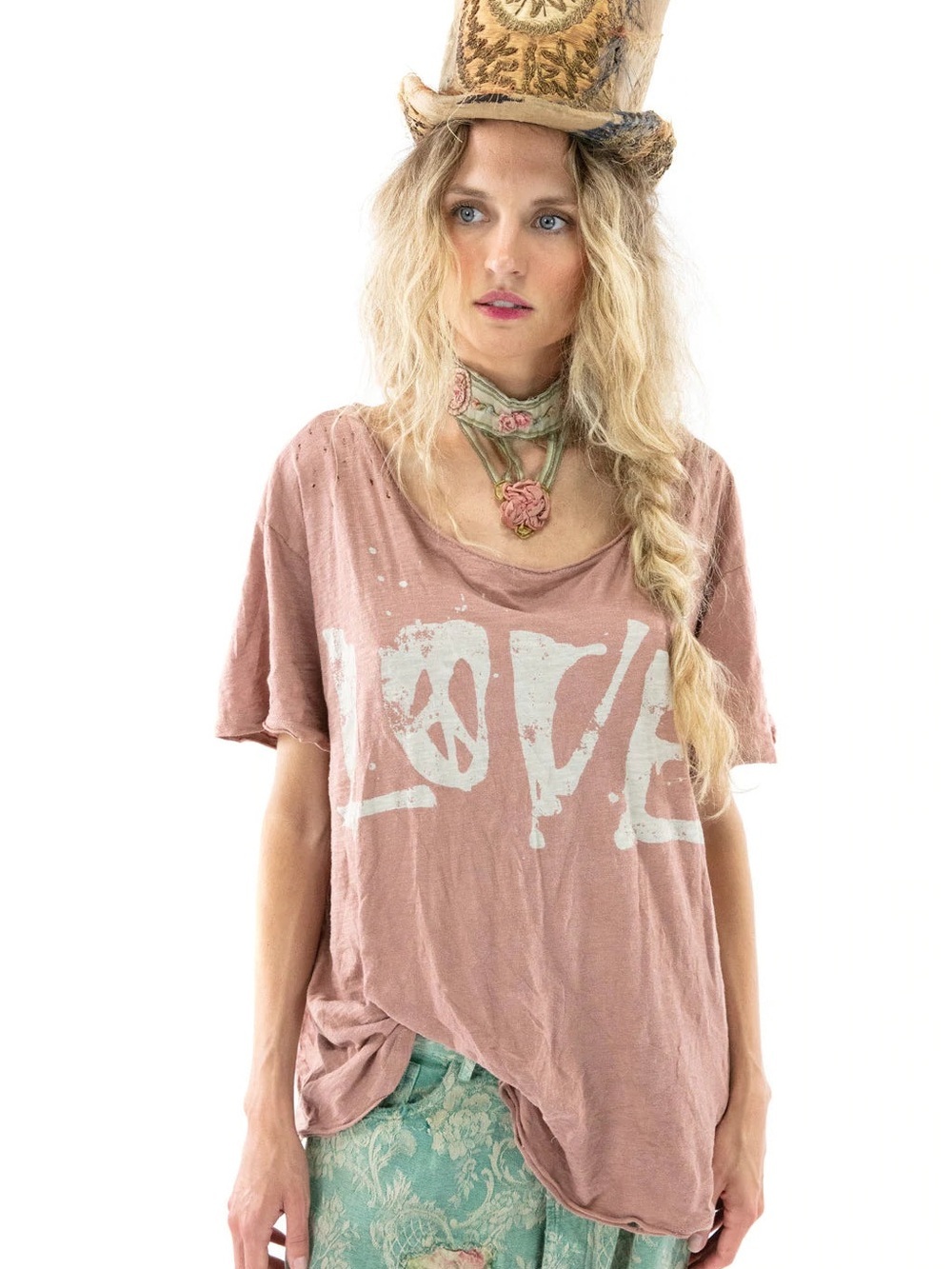 MAGNOLIA PEARL Love T Top Shirt One Size Mauve Pink Distressed